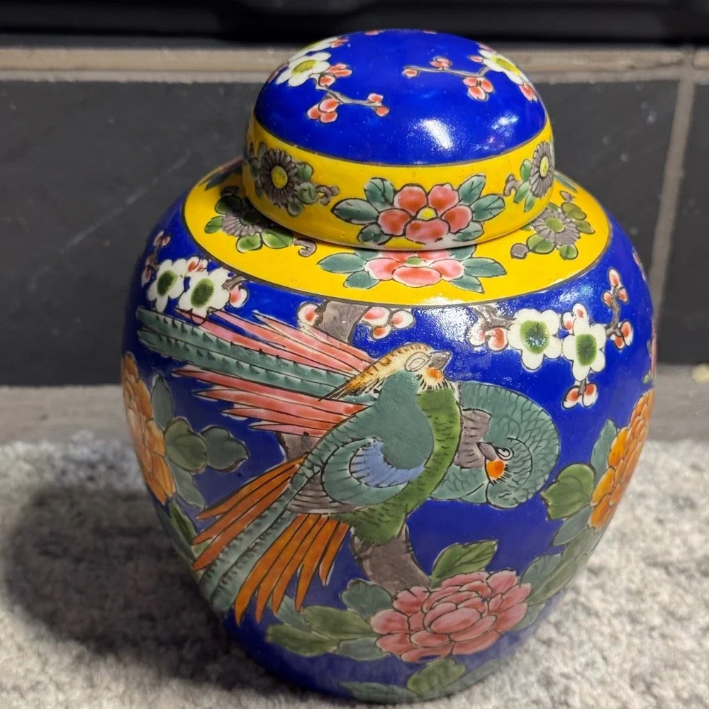 Vintage Made in Japan Ginger Jar Cobalt Blue Yellow Parrot Cherry Blossom 6.5